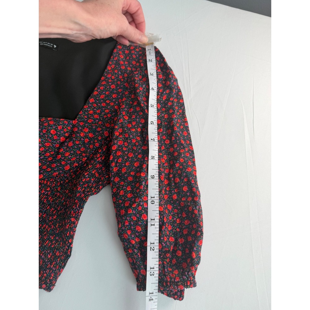 Zara‎ Crop Top Women S Red Floral Smocked Puff Sleeve Square Neck Boho Festival - Picture 3 of 9